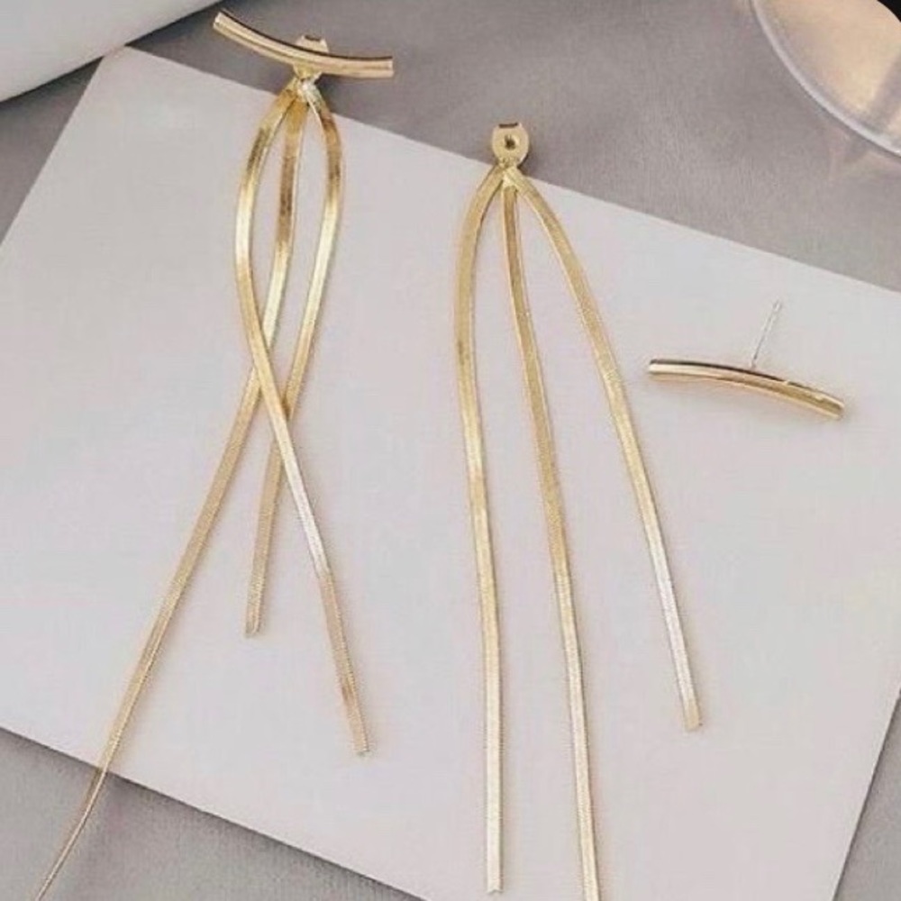 NEW 18K YELLOW GOLD BAR LONG TASSEL EARRINGS - Picture 7 of 9